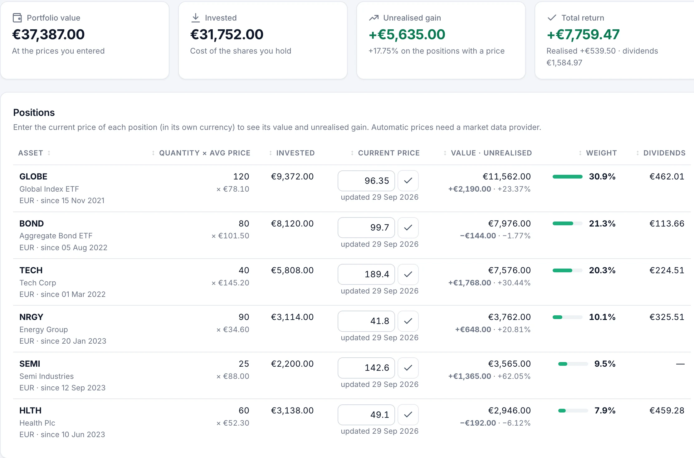 Portfolio positions with quantity, cost, current value and unrealised gain